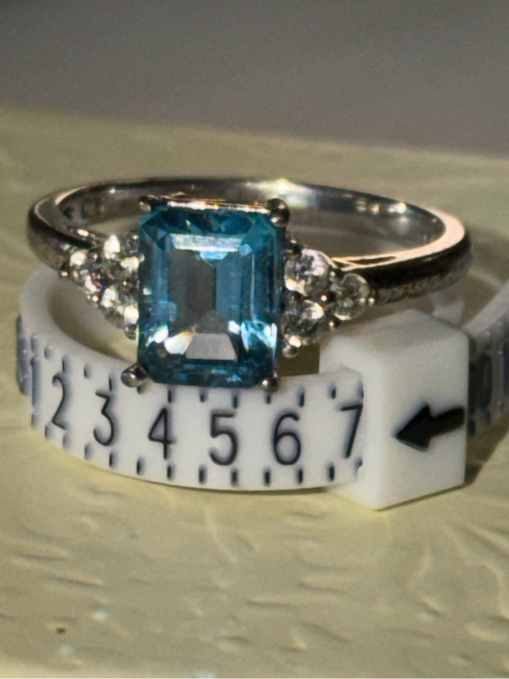 925 Silver Blue Topaz Emerald-Cut Stone Ring with Side Accent Stones